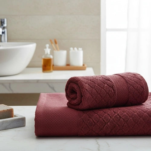 Deep Garnet Luxe Cotton Bath Towel folded neatly – soft & absorbent