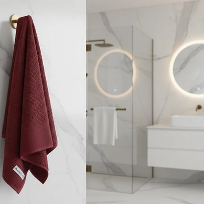 Deep Garnet Luxe Bath Towel hanging in bathroom – quick-drying cotton towel