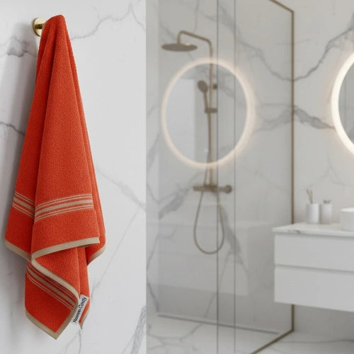 Elegant Red Plush Bath Towel hanging in bathroom – quick-drying cotton towel
