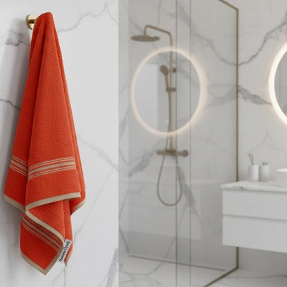 Elegant Red Plush Bath Towel hanging in bathroom – quick-drying cotton towel