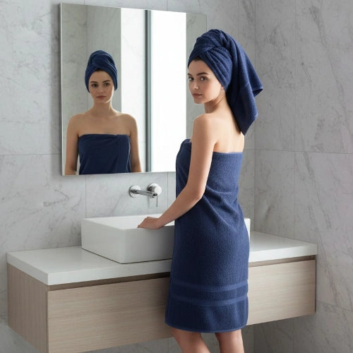 Dark Blue Cotton Bath Towel hanging in bathroom – quick-drying towel