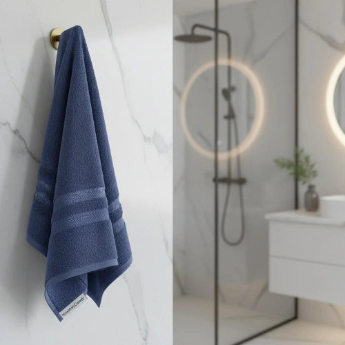 Dark Blue Cotton Bath Towel hanging in bathroom – quick-drying towel